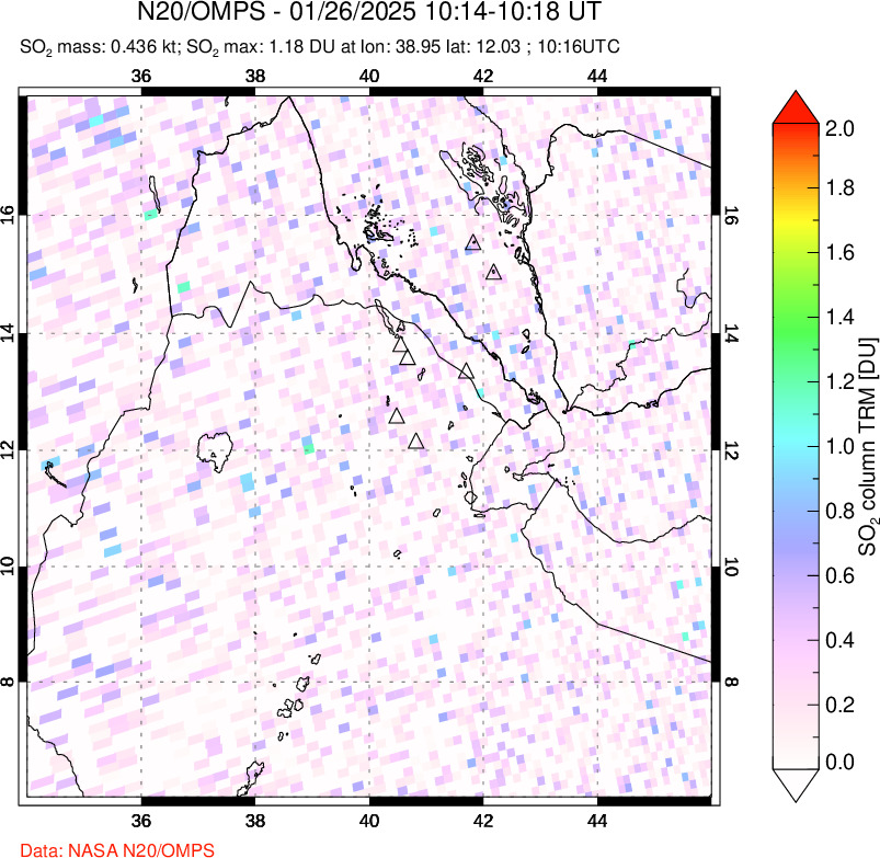 A sulfur dioxide image over Afar and southern Red Sea on Jan 26, 2025.