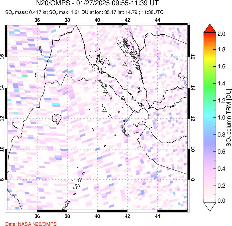 A sulfur dioxide image over Afar and southern Red Sea on Jan 27, 2025.