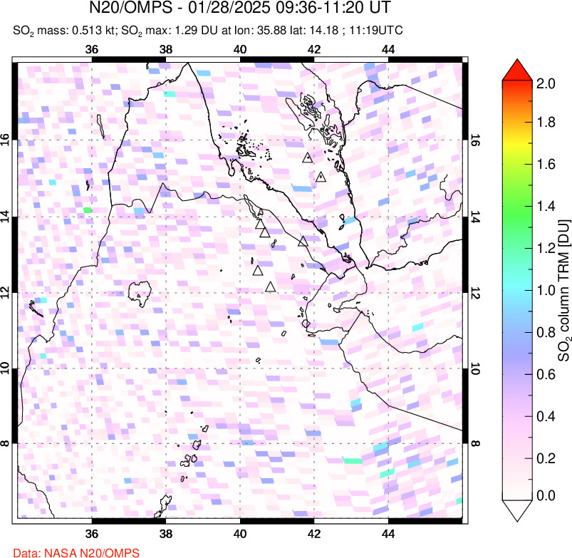 A sulfur dioxide image over Afar and southern Red Sea on Jan 28, 2025.