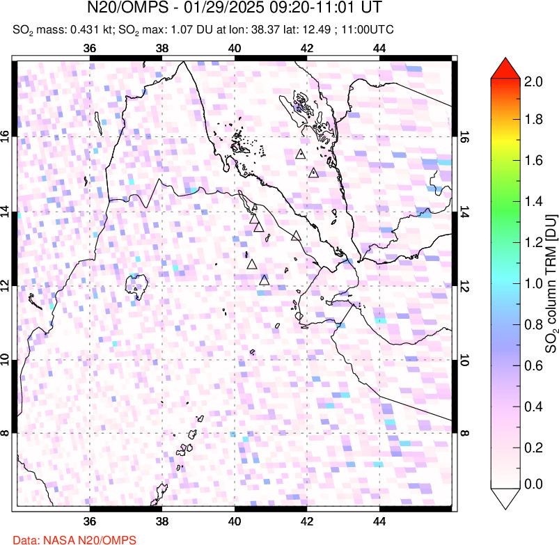 A sulfur dioxide image over Afar and southern Red Sea on Jan 29, 2025.