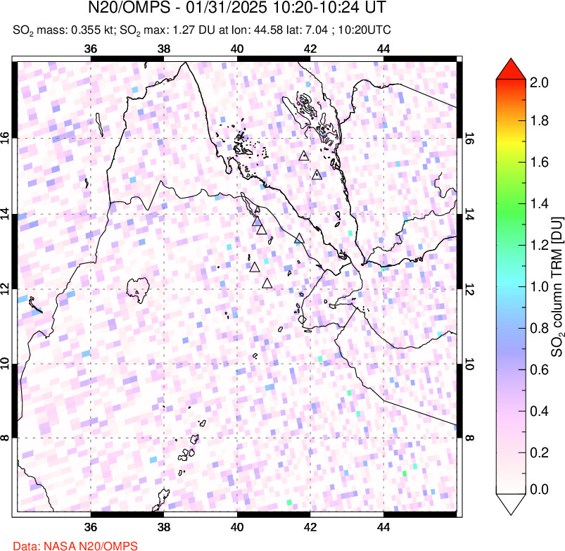 A sulfur dioxide image over Afar and southern Red Sea on Jan 31, 2025.