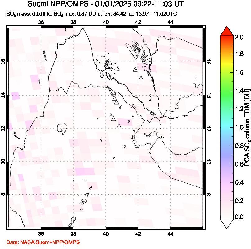 A sulfur dioxide image over Afar and southern Red Sea on Jan 01, 2025.