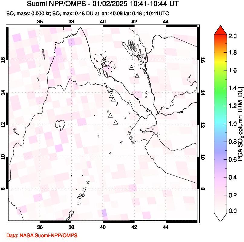 A sulfur dioxide image over Afar and southern Red Sea on Jan 02, 2025.