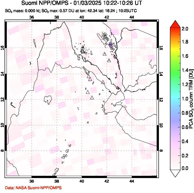 A sulfur dioxide image over Afar and southern Red Sea on Jan 03, 2025.