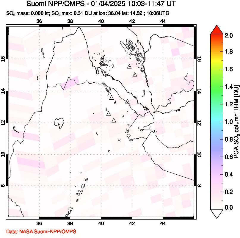 A sulfur dioxide image over Afar and southern Red Sea on Jan 04, 2025.