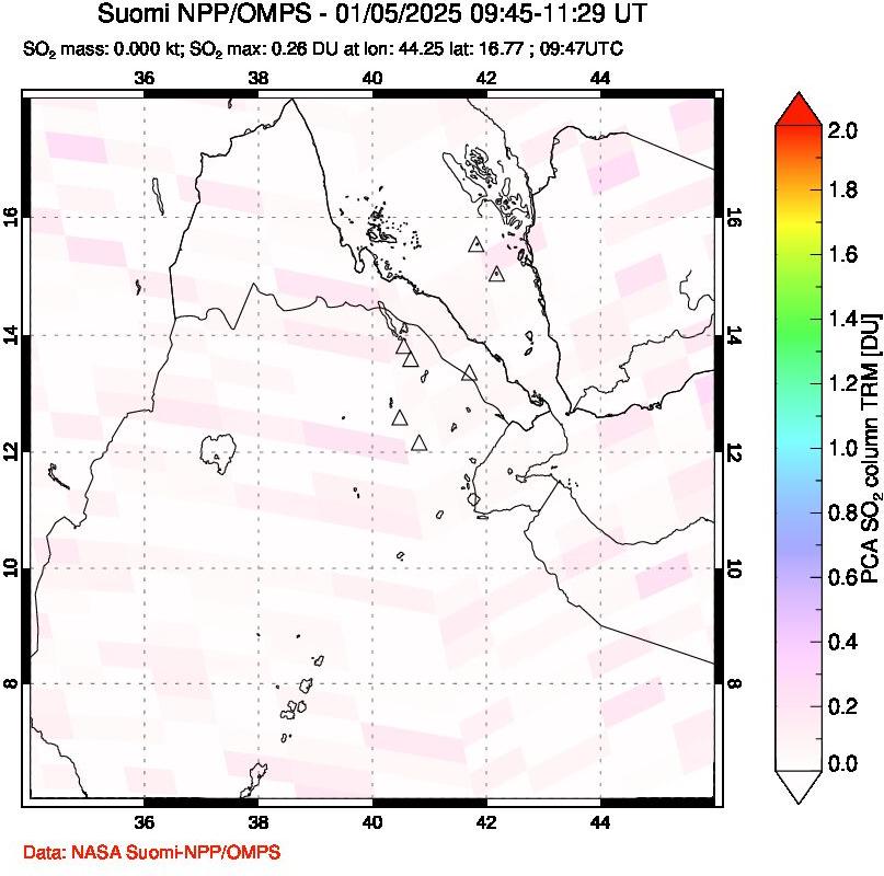 A sulfur dioxide image over Afar and southern Red Sea on Jan 05, 2025.