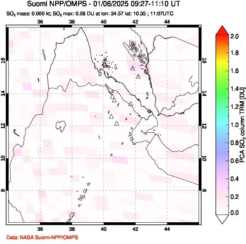 A sulfur dioxide image over Afar and southern Red Sea on Jan 06, 2025.