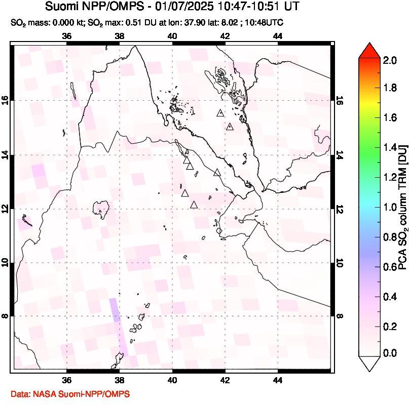 A sulfur dioxide image over Afar and southern Red Sea on Jan 07, 2025.