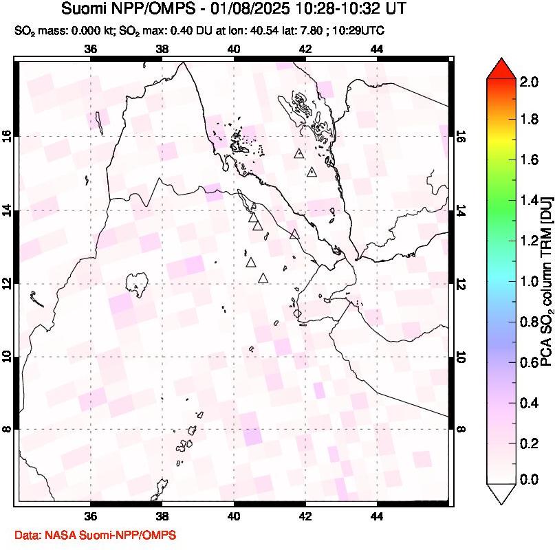 A sulfur dioxide image over Afar and southern Red Sea on Jan 08, 2025.