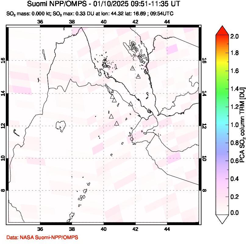 A sulfur dioxide image over Afar and southern Red Sea on Jan 10, 2025.