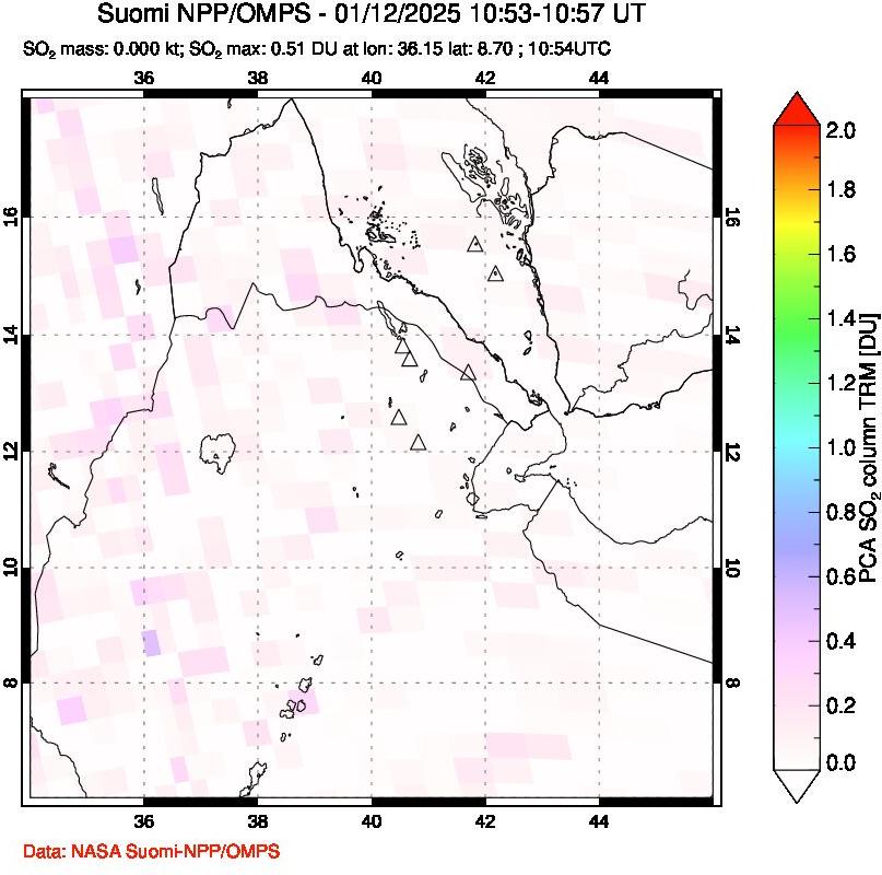 A sulfur dioxide image over Afar and southern Red Sea on Jan 12, 2025.