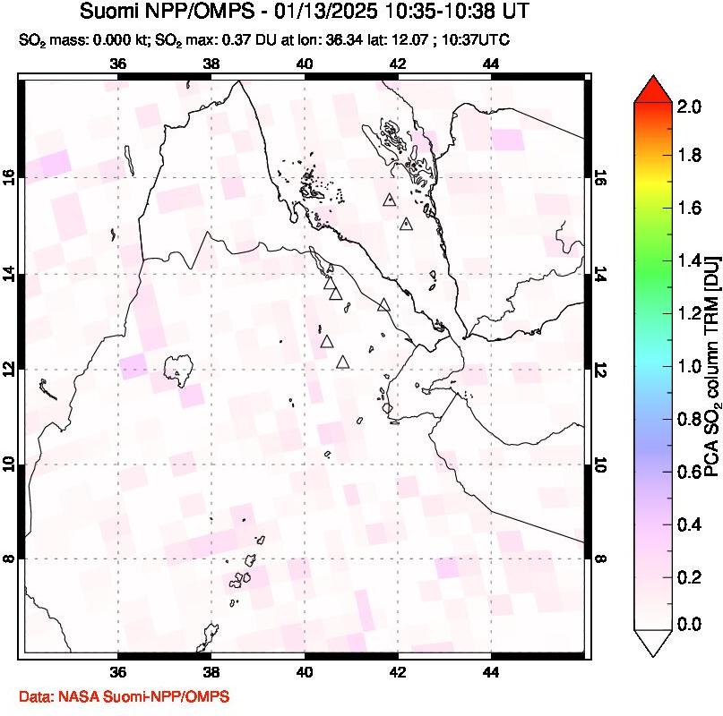 A sulfur dioxide image over Afar and southern Red Sea on Jan 13, 2025.