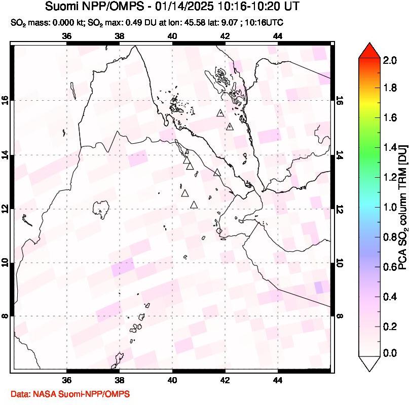 A sulfur dioxide image over Afar and southern Red Sea on Jan 14, 2025.