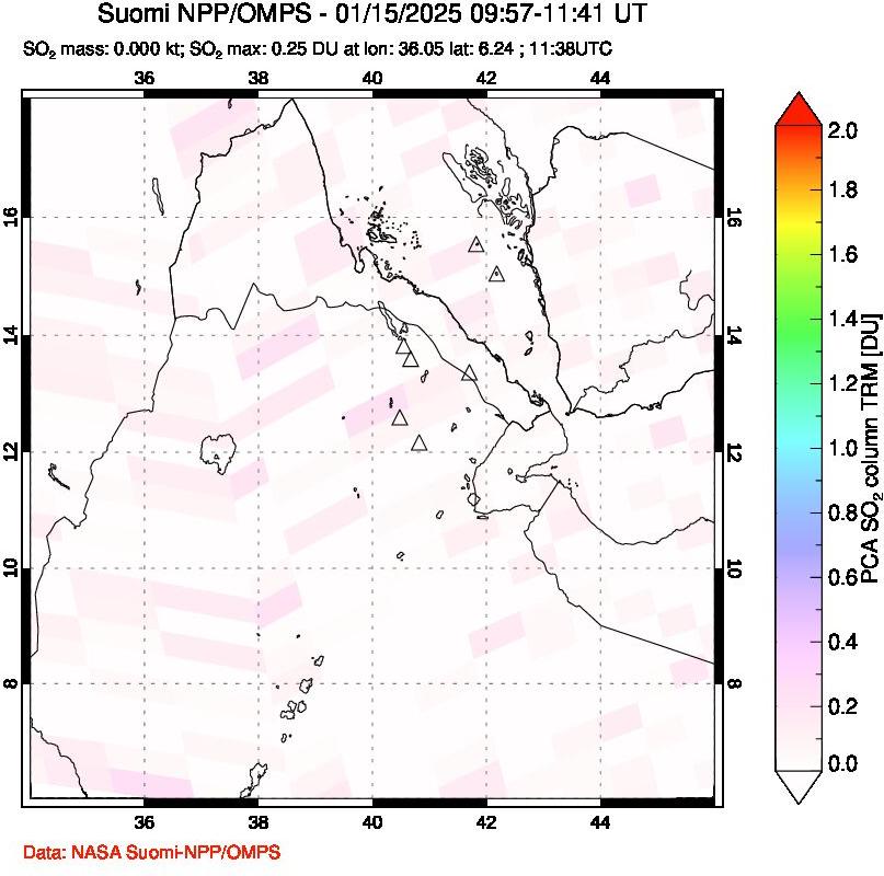 A sulfur dioxide image over Afar and southern Red Sea on Jan 15, 2025.