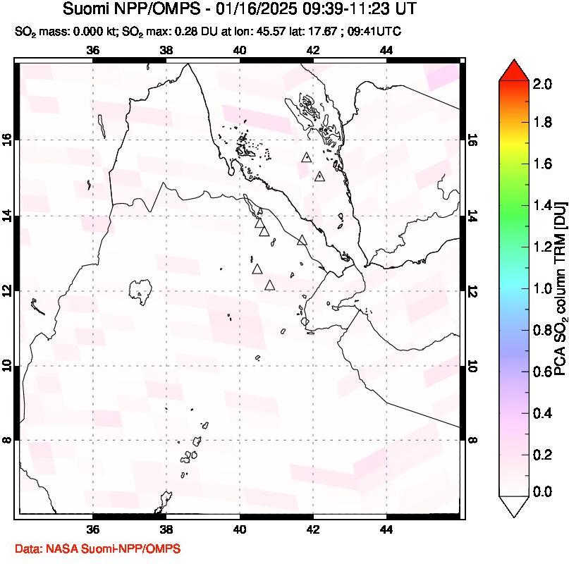 A sulfur dioxide image over Afar and southern Red Sea on Jan 16, 2025.