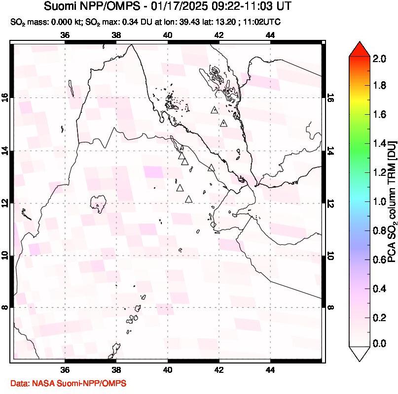 A sulfur dioxide image over Afar and southern Red Sea on Jan 17, 2025.