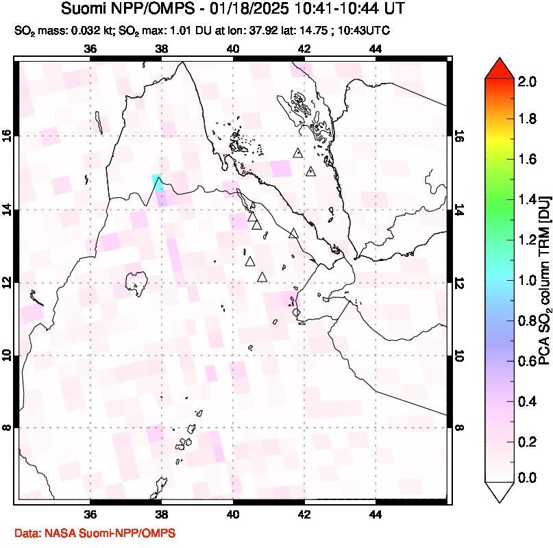 A sulfur dioxide image over Afar and southern Red Sea on Jan 18, 2025.