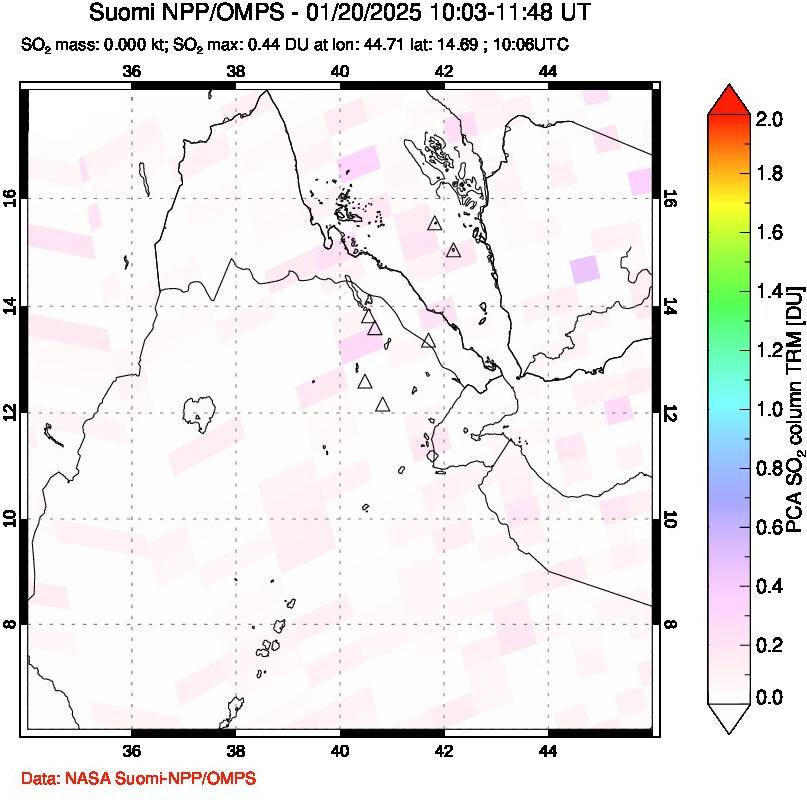 A sulfur dioxide image over Afar and southern Red Sea on Jan 20, 2025.