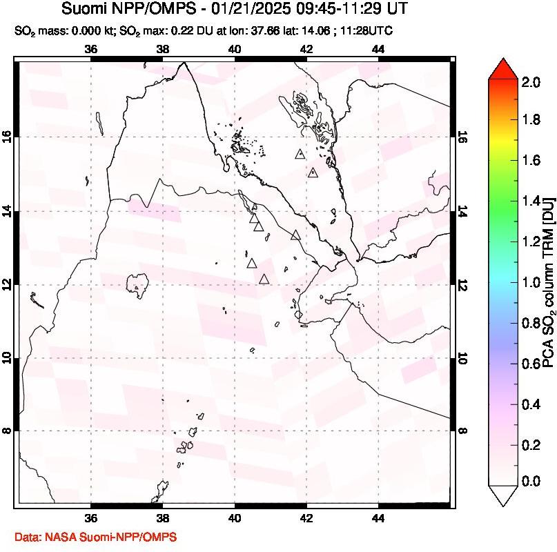 A sulfur dioxide image over Afar and southern Red Sea on Jan 21, 2025.