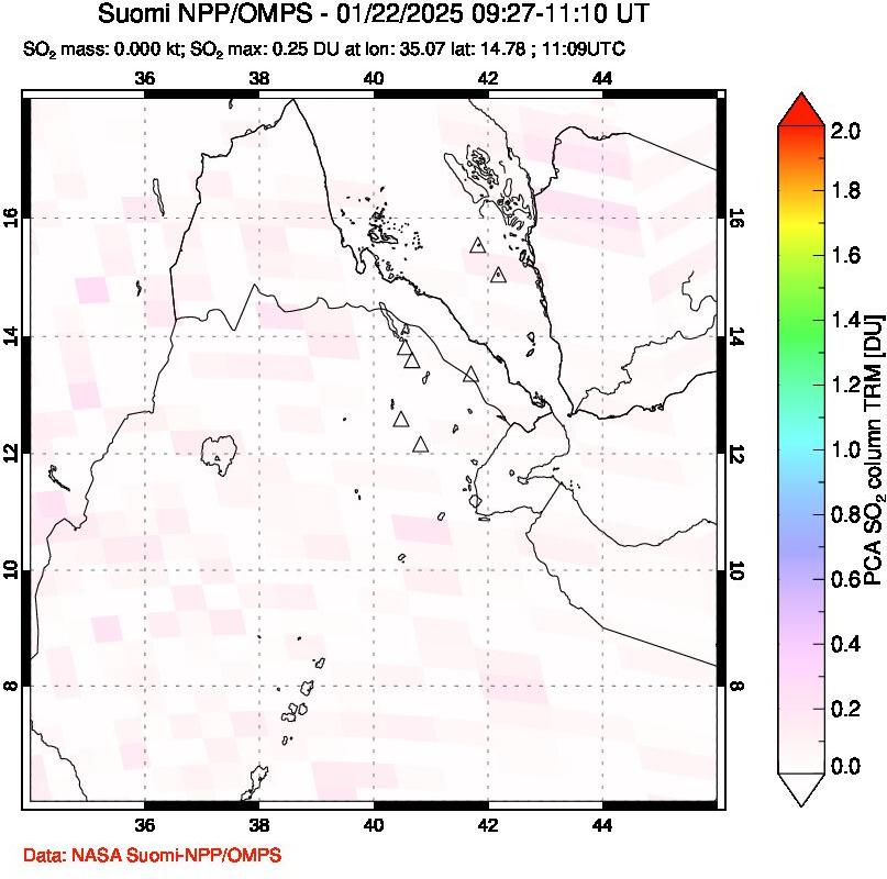 A sulfur dioxide image over Afar and southern Red Sea on Jan 22, 2025.