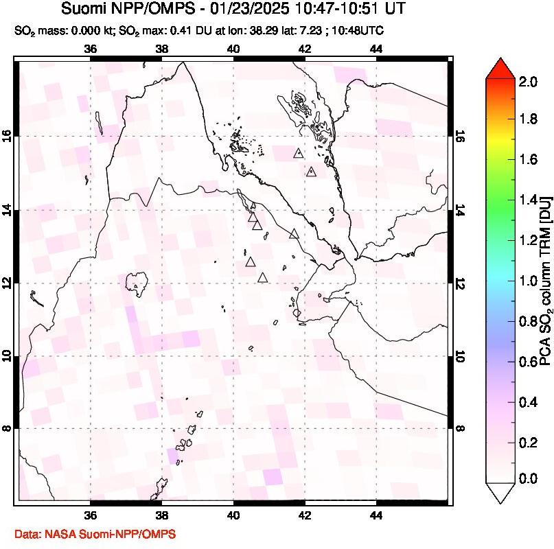 A sulfur dioxide image over Afar and southern Red Sea on Jan 23, 2025.