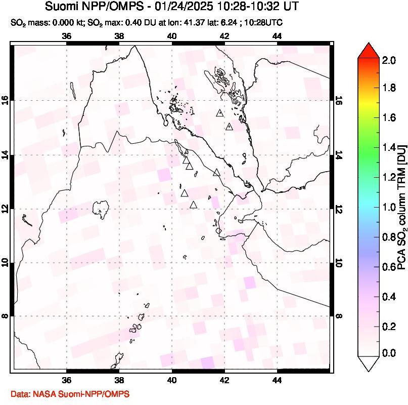 A sulfur dioxide image over Afar and southern Red Sea on Jan 24, 2025.