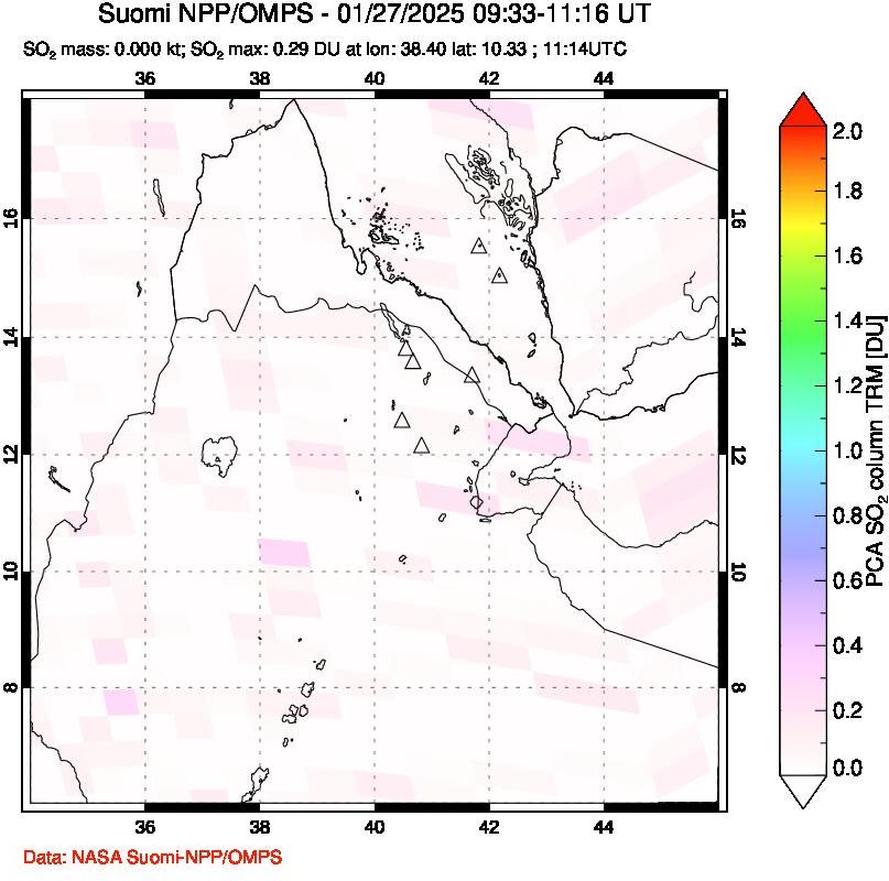 A sulfur dioxide image over Afar and southern Red Sea on Jan 27, 2025.