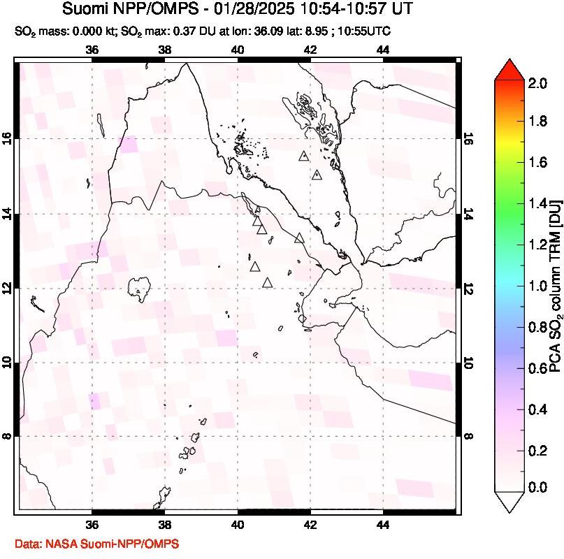 A sulfur dioxide image over Afar and southern Red Sea on Jan 28, 2025.