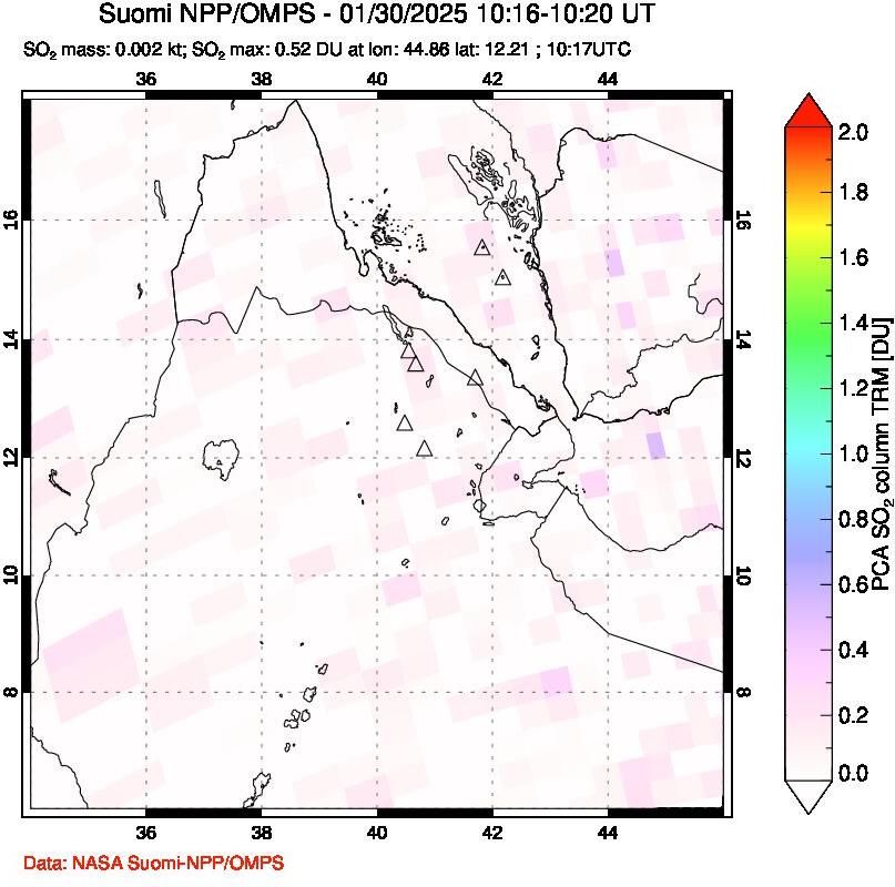 A sulfur dioxide image over Afar and southern Red Sea on Jan 30, 2025.