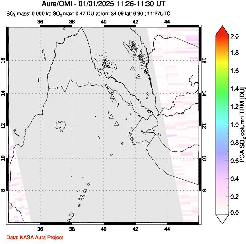 A sulfur dioxide image over Afar and southern Red Sea on Jan 01, 2025.