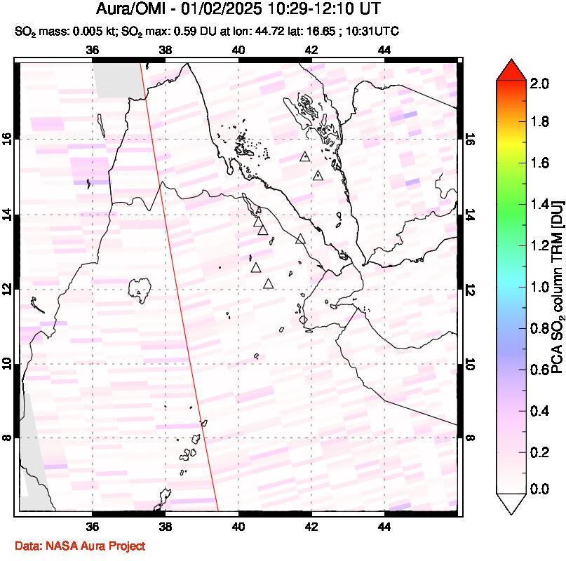 A sulfur dioxide image over Afar and southern Red Sea on Jan 02, 2025.