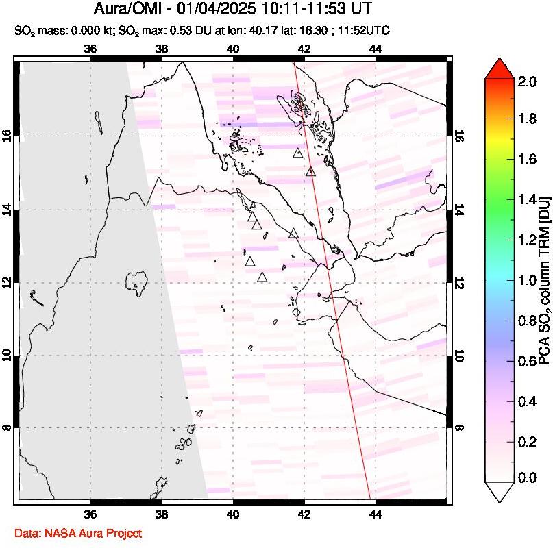 A sulfur dioxide image over Afar and southern Red Sea on Jan 04, 2025.