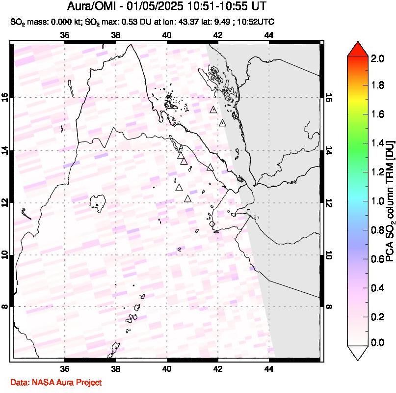 A sulfur dioxide image over Afar and southern Red Sea on Jan 05, 2025.