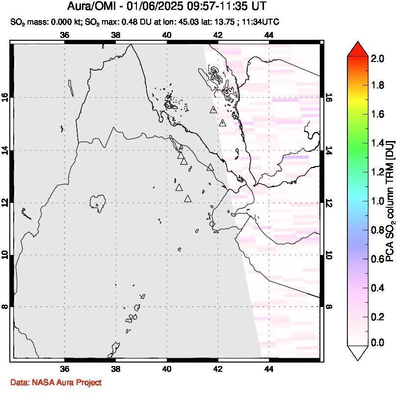 A sulfur dioxide image over Afar and southern Red Sea on Jan 06, 2025.