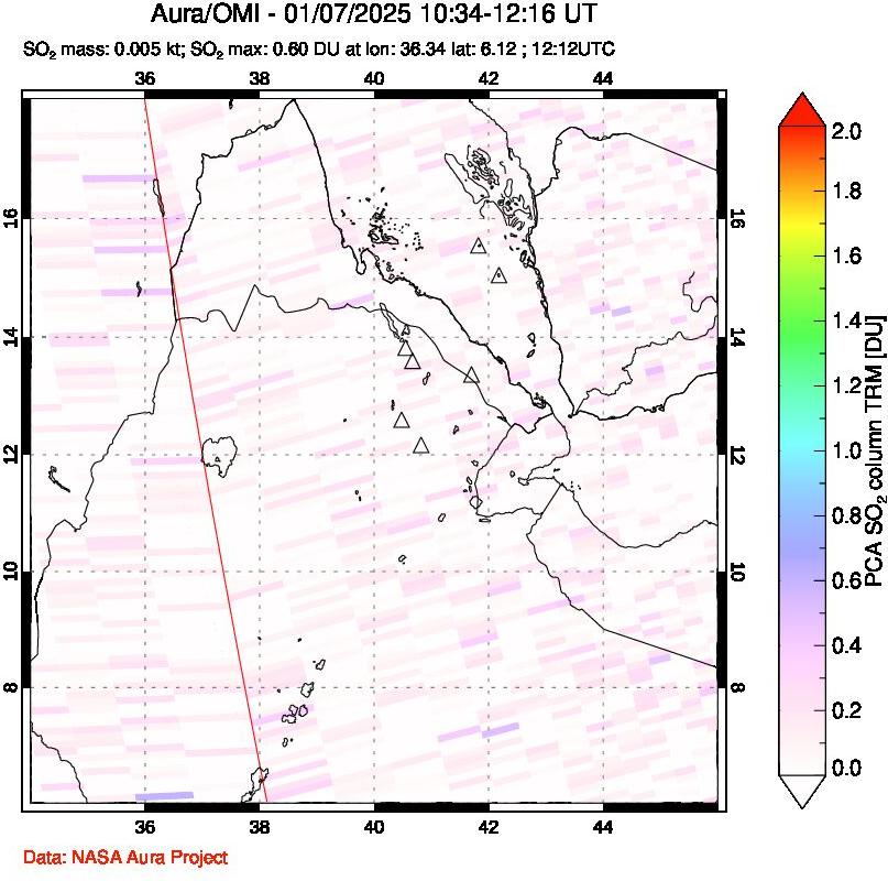 A sulfur dioxide image over Afar and southern Red Sea on Jan 07, 2025.