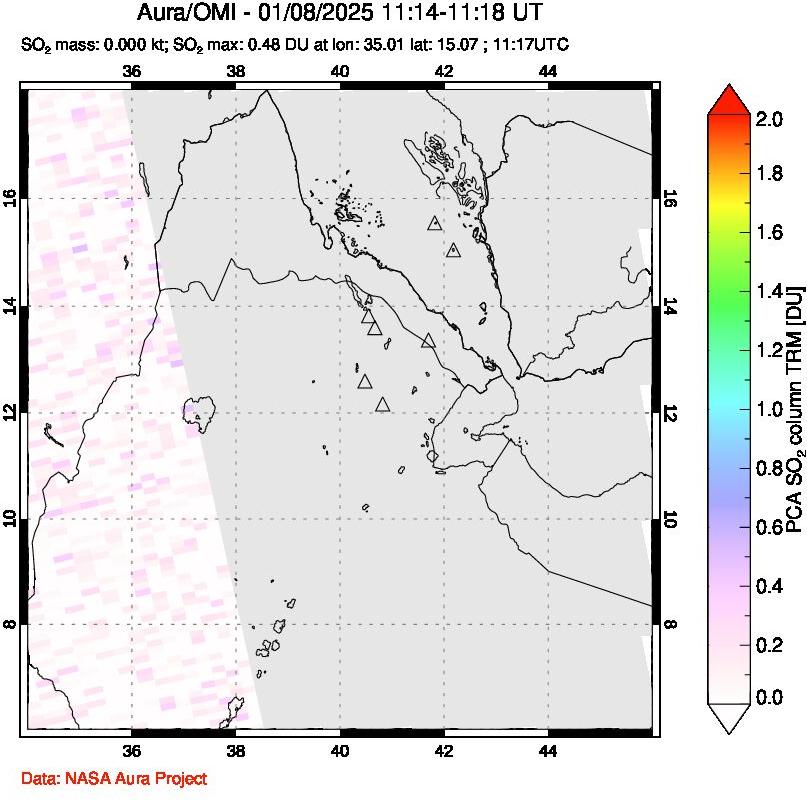 A sulfur dioxide image over Afar and southern Red Sea on Jan 08, 2025.