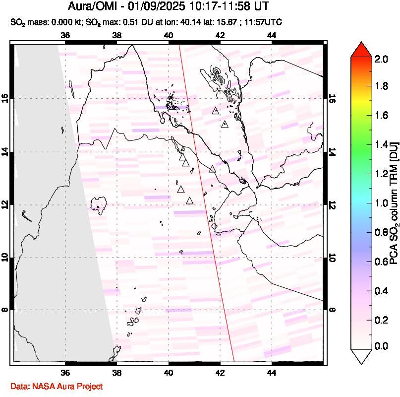 A sulfur dioxide image over Afar and southern Red Sea on Jan 09, 2025.