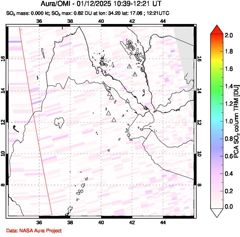 A sulfur dioxide image over Afar and southern Red Sea on Jan 12, 2025.