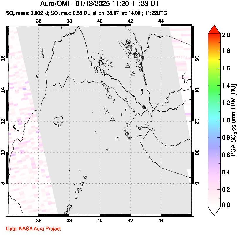 A sulfur dioxide image over Afar and southern Red Sea on Jan 13, 2025.