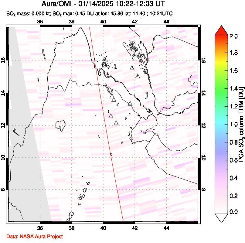 A sulfur dioxide image over Afar and southern Red Sea on Jan 14, 2025.