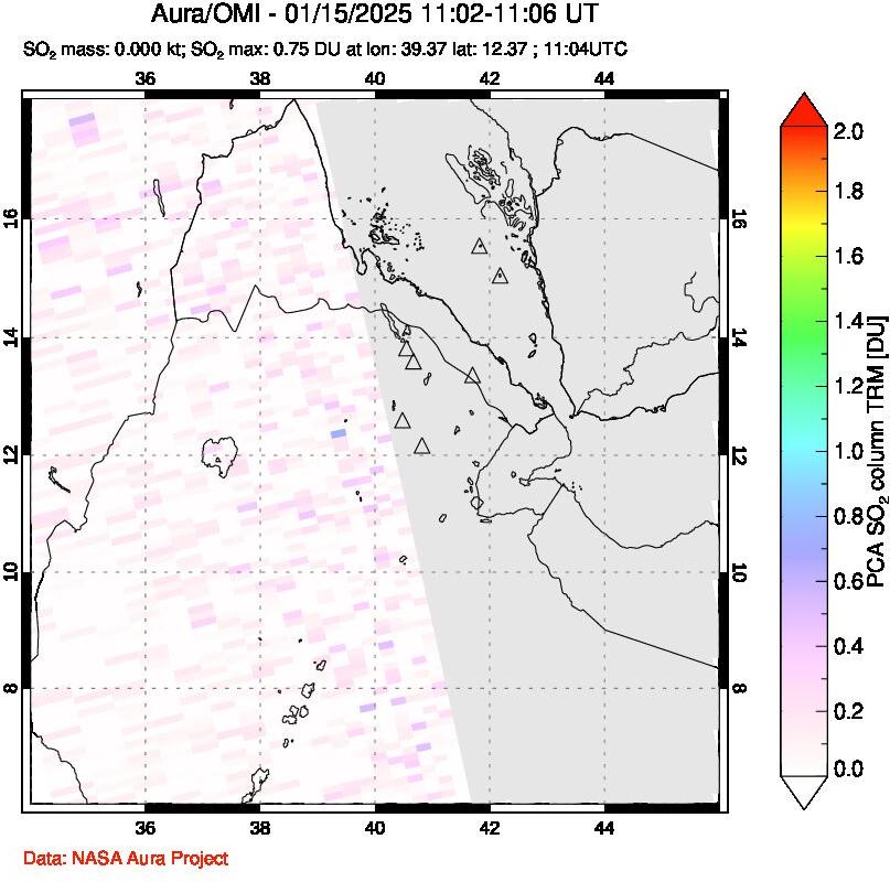 A sulfur dioxide image over Afar and southern Red Sea on Jan 15, 2025.