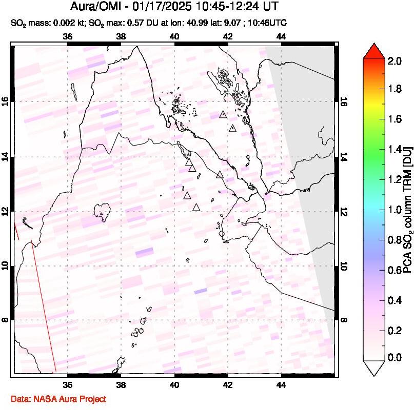 A sulfur dioxide image over Afar and southern Red Sea on Jan 17, 2025.