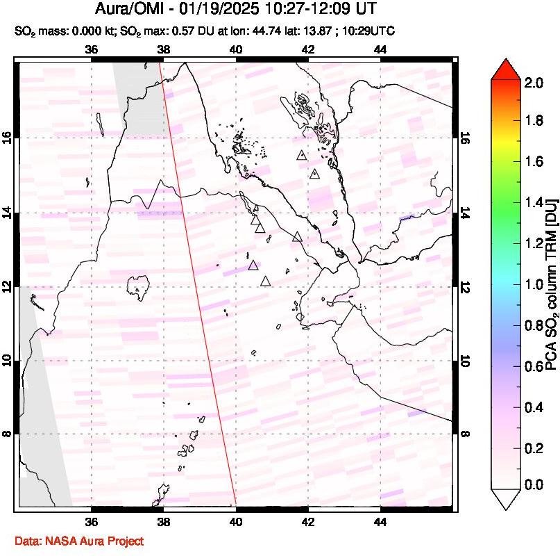 A sulfur dioxide image over Afar and southern Red Sea on Jan 19, 2025.