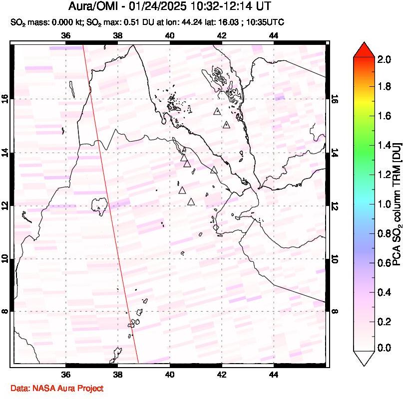 A sulfur dioxide image over Afar and southern Red Sea on Jan 24, 2025.