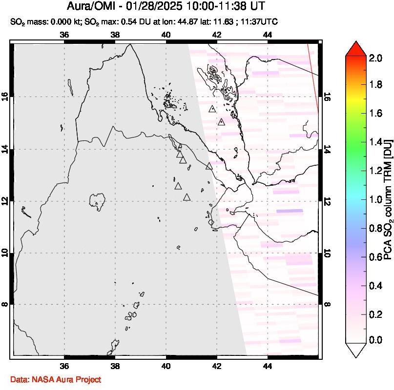 A sulfur dioxide image over Afar and southern Red Sea on Jan 28, 2025.