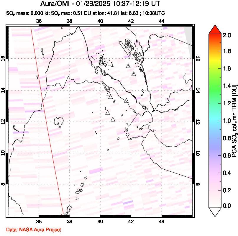 A sulfur dioxide image over Afar and southern Red Sea on Jan 29, 2025.