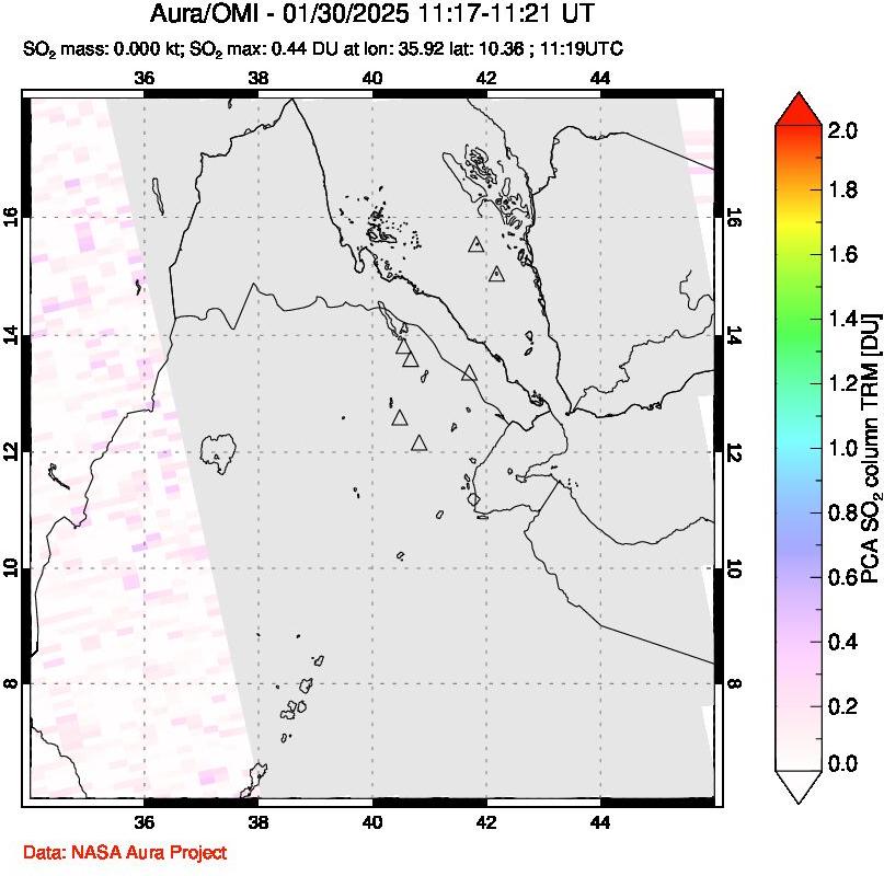 A sulfur dioxide image over Afar and southern Red Sea on Jan 30, 2025.