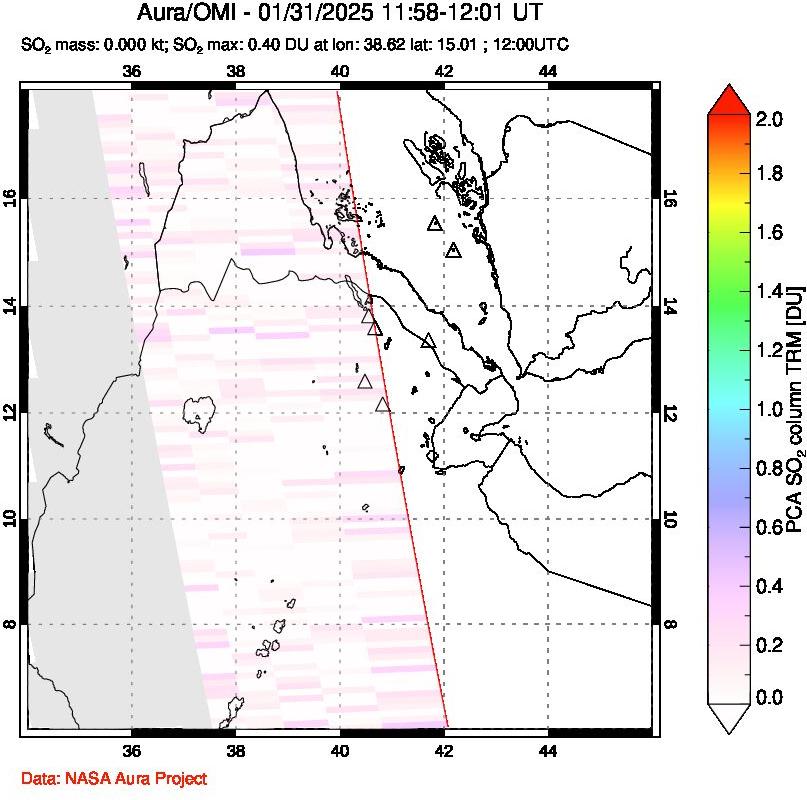 A sulfur dioxide image over Afar and southern Red Sea on Jan 31, 2025.