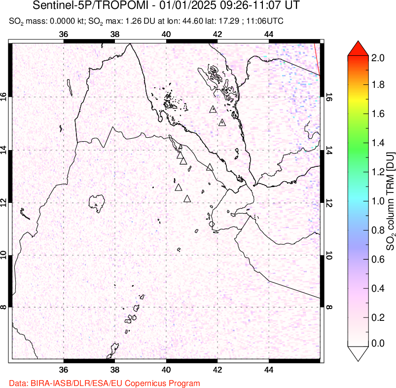 A sulfur dioxide image over Afar and southern Red Sea on Jan 01, 2025.