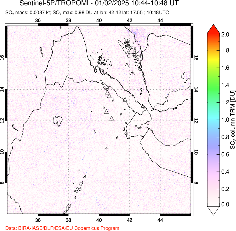 A sulfur dioxide image over Afar and southern Red Sea on Jan 02, 2025.